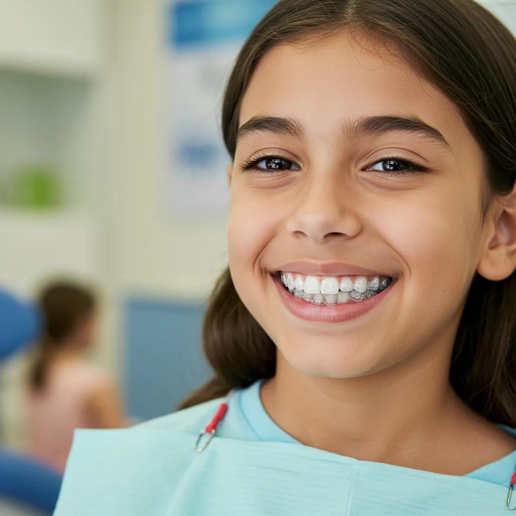 Child smiling with Invisalign aligners in a bright orthodontic office