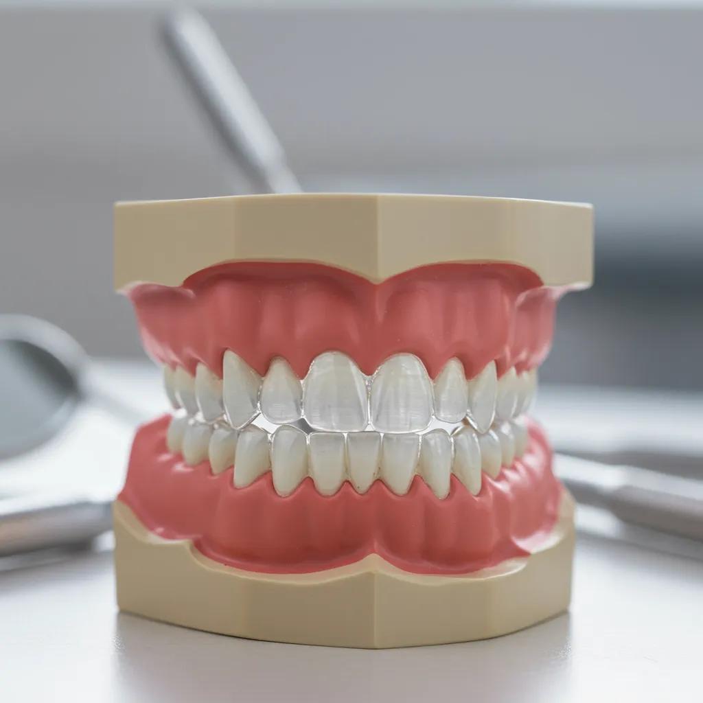 Close-up of Invisalign aligners on a dental model in a clinical setting