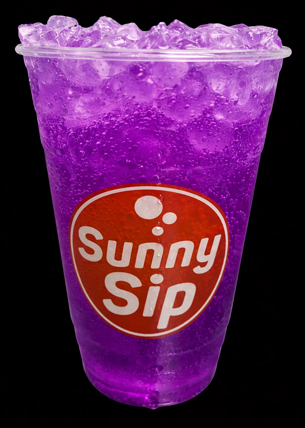 Purple beverage in a clear cup with ice, featuring the logo "Sunny Sip," promoting the signature drink at Imagine Orthodontic Studio.
